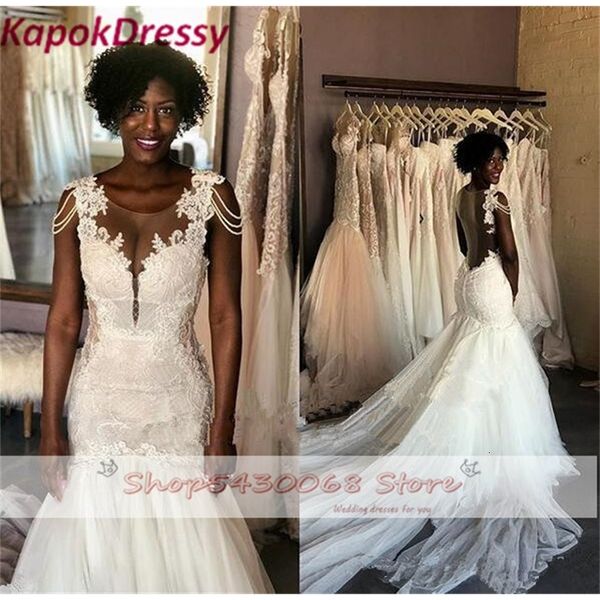 2021 new nigerian african plus size mermaid beading lace layered cap tulle courthouse wedding gowns r70h, White
2021 new nigerian african plus size mermaid beading lace layered cap tulle courthouse wedding gowns r70h, White