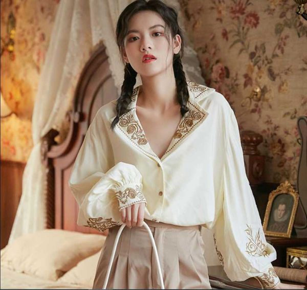 women embroidery blouse long puff sleeve loose fit shirt fashion fall spring summer vintage shirt, White
women embroidery blouse long puff sleeve loose fit shirt fashion fall spring summer vintage shirt, White