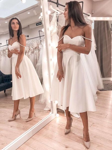 setwell sweetheart a-line wedding dresses strapless sleeveless pleated simple satin tea length bridal gowns with pearls, White
setwell sweetheart a-line wedding dresses strapless sleeveless pleated simple satin tea length bridal gowns with pearls, White