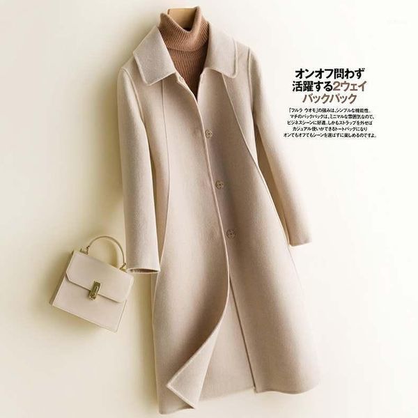 2021 new double faced overcoat women's medium long woolen coat wool1, Black