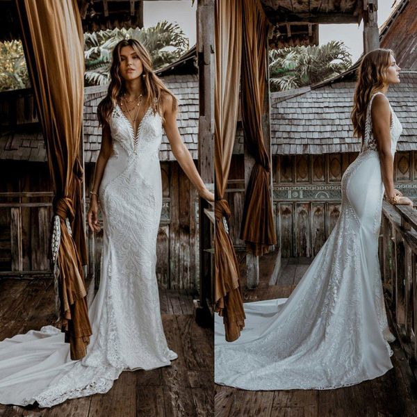 2021 newset mermaid wedding dresses v neck lace appliqued castle wedding dress satin custom made sweep train sleeveless bridal gowns, White
2021 newset mermaid wedding dresses v neck lace appliqued castle wedding dress satin custom made sweep train sleeveless bridal gowns, White