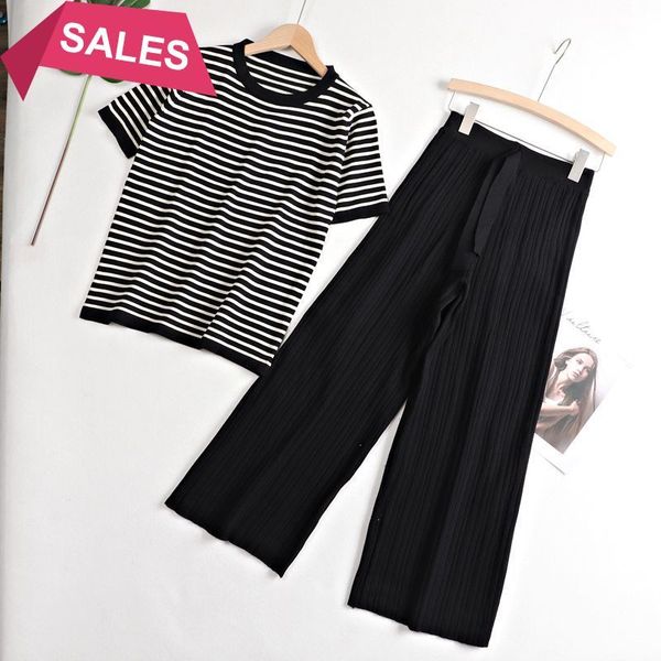 2021 new o neck striped knitted womens two pieces set short sleeve sweater + high waist capri straight drape pants tracksuits 9j70, White;black
2021 new o neck striped knitted womens two pieces set short sleeve sweater + high waist capri straight drape pants tracksuits 9j70, White;black