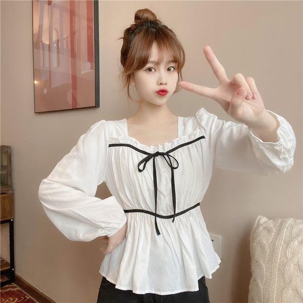 sweet style puff sleeve lace-up bow blouse spring 2021 solid square collar shirt female korean fashion spliced women, White
sweet style puff sleeve lace-up bow blouse spring 2021 solid square collar shirt female korean fashion spliced women, White