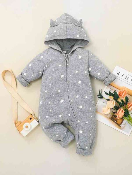 baby star print 3d ears design hooded jumpsuit she, Blue