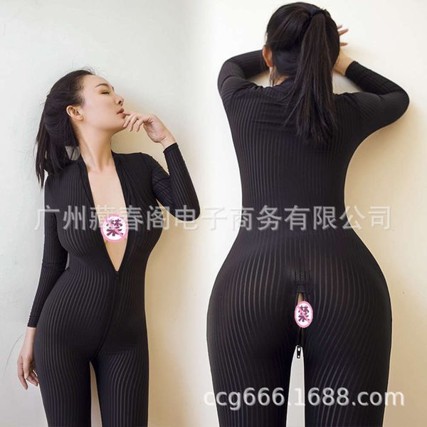 body glass stripe whole vertical grain double zipper open crotch bodysuit perspective ultra thin lingerie pajama woman, Black;white 
body glass stripe whole vertical grain double zipper open crotch bodysuit perspective ultra thin lingerie pajama woman, Black;white