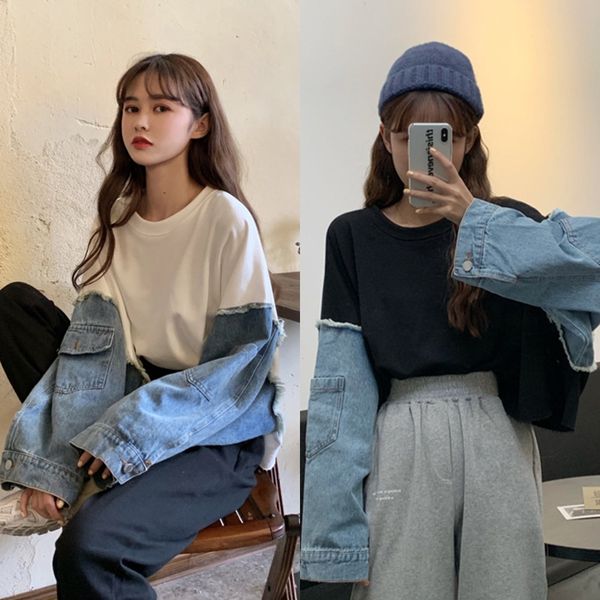 2019 women's autumn denim splicing casual set pants suit short crew neck jacket + casual pants suit gffbw, Black
2019 women's autumn denim splicing casual set pants suit short crew neck jacket + casual pants suit gffbw, Black