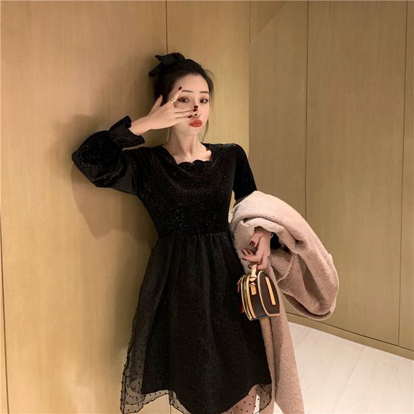 2021 new velvet black short winter lace women sweet long sleeve nightclub party female korean one-piece dress pce2, Black;gray
2021 new velvet black short winter lace women sweet long sleeve nightclub party female korean one-piece dress pce2, Black;gray