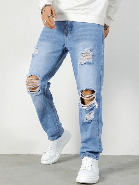 men bleach wash ripped frayed jeans x3zd#, Blue 
men bleach wash ripped frayed jeans x3zd#, Blue