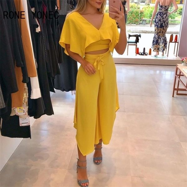 women elegant v-neck ruffles trim crop & plain pants set casual vacation 220315, White
women elegant v-neck ruffles trim crop & plain pants set casual vacation 220315, White