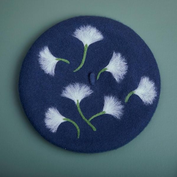 stingy brim hats handmade wool felt beret, flying dandelion forest autumn and winter art female painter hat, Blue;gray 
stingy brim hats handmade wool felt beret, flying dandelion forest autumn and winter art female painter hat, Blue;gray