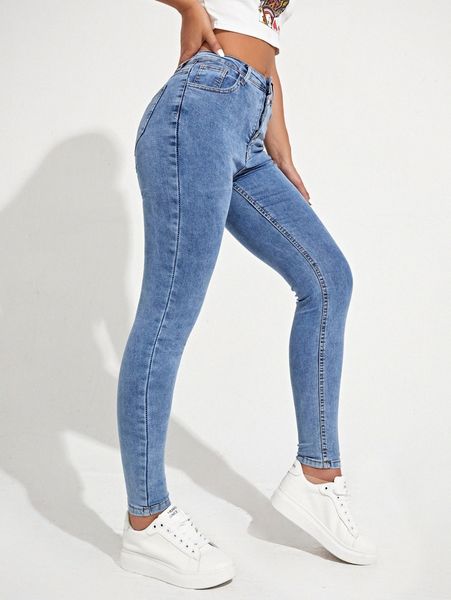 high waist button fly skinny jeans 96px#, Blue