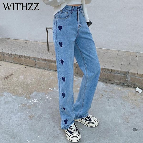 women's jeans withzz spring autumn high waist denim pants retro loose droop heart-shaped embroidery wide leg trousers asian size, Blue
women's jeans withzz spring autumn high waist denim pants retro loose droop heart-shaped embroidery wide leg trousers asian size, Blue