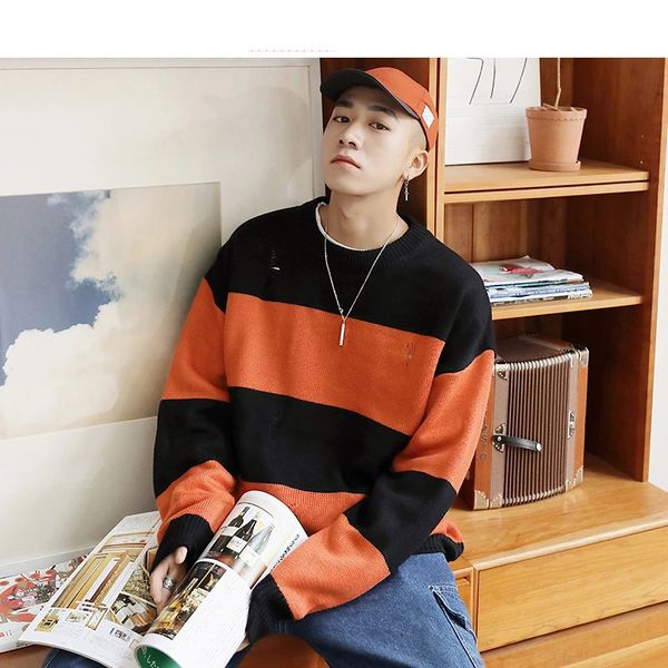 men korean striped sweater 2021 fall mens pullover streetwear hip hop hole sweaters couple orange oversized sweaters, White;black
men korean striped sweater 2021 fall mens pullover streetwear hip hop hole sweaters couple orange oversized sweaters, White;black