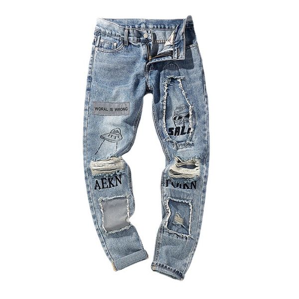 men's jeans street dark straight graffiti printing knife cut holes patch reflective jeans men, Blue
men's jeans street dark straight graffiti printing knife cut holes patch reflective jeans men, Blue