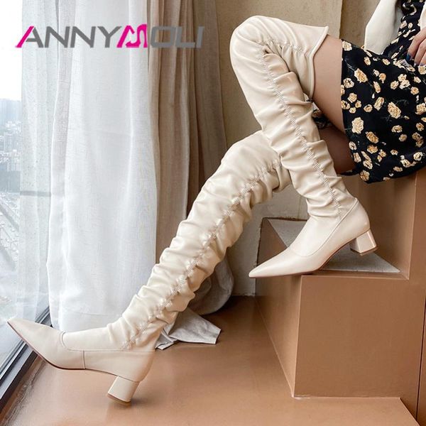 annymoli pointed toe over the knee boots woman real leather med heel long boots thick heel thigh high pleated female shoes, Black
annymoli pointed toe over the knee boots woman real leather med heel long boots thick heel thigh high pleated female shoes, Black
