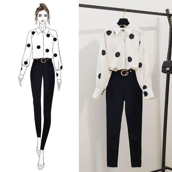 2020 spring women long sleeves dot shirts slim pants 2 pcs sets female fashion suits a1834, Gray
2020 spring women long sleeves dot shirts slim pants 2 pcs sets female fashion suits a1834, Gray