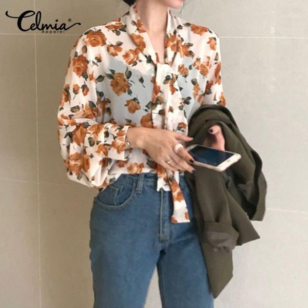 women's blouse vintage floral print celmia fashion bow tie lantern sleeve see-through chiffon shirt office elegant blusas 71, White
women's blouse vintage floral print celmia fashion bow tie lantern sleeve see-through chiffon shirt office elegant blusas 71, White