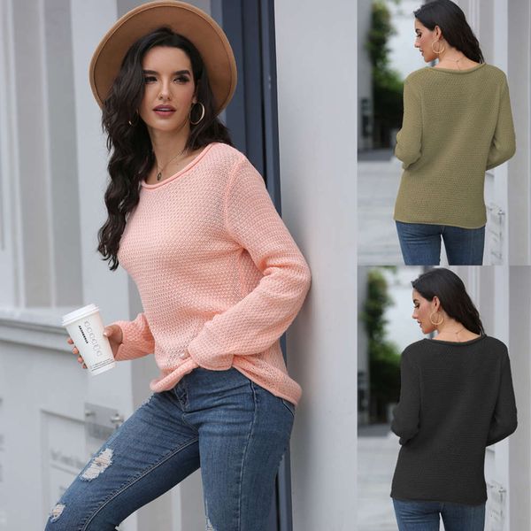 2021 women's round neck solid color long sve knitted sweater, White
2021 women's round neck solid color long sve knitted sweater, White