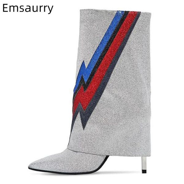 boots bling silver sequins mid-calf women point toe stiletto heels colorful flash pattern turn-up runway botas mujer, Black
boots bling silver sequins mid-calf women point toe stiletto heels colorful flash pattern turn-up runway botas mujer, Black