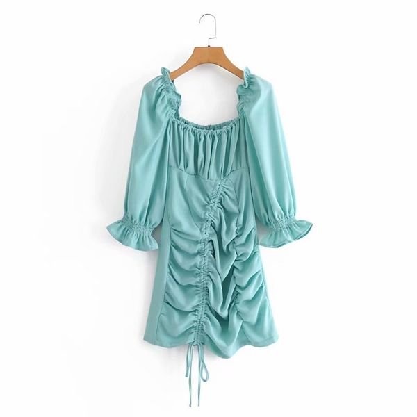 2021 new elegant chic dress fashion ladies thin square turtlenecks girly sweet drawstring mini dresses kkuv, Black;gray