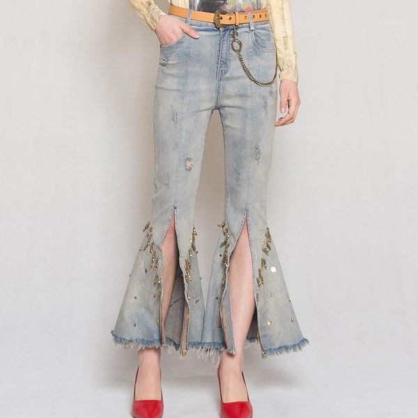 women's jeans korean spring 2021 womens placket ripped hole tassel beading ankle length flare pants , denim trousers for woman1, Blue
women's jeans korean spring 2021 womens placket ripped hole tassel beading ankle length flare pants , denim trousers for woman1, Blue
