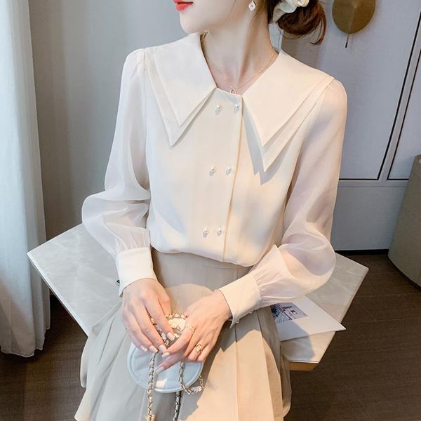 chiffon shirt women's long-sleeved autumn 2020 color matching doll collar all-match design sense loose temperament blouse, White
chiffon shirt women's long-sleeved autumn 2020 color matching doll collar all-match design sense loose temperament blouse, White
