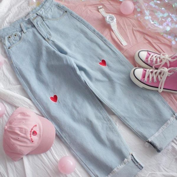 womens high waist high waist pants jeans wide leg harajuku pants cute heart shape embroidered trousers jeans summer women roll, Blue
womens high waist high waist pants jeans wide leg harajuku pants cute heart shape embroidered trousers jeans summer women roll, Blue
