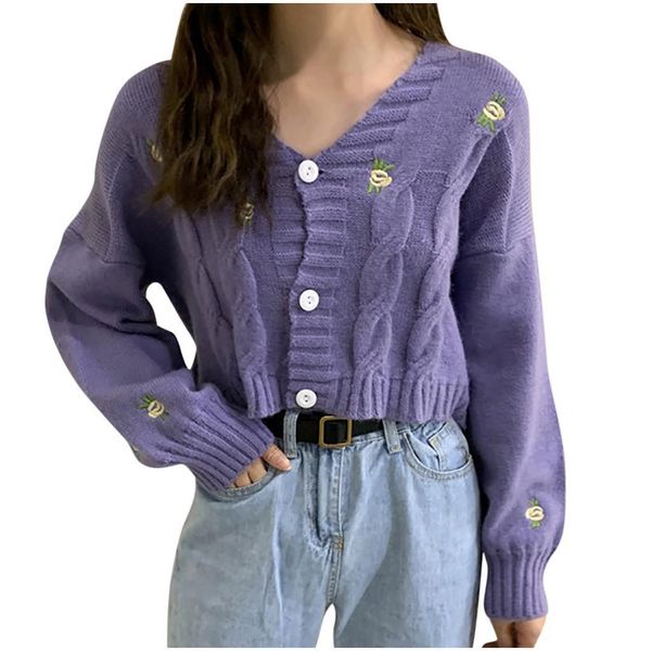 ladies embroidered sweater autumn/winter knitting loose casual all-match ladies long-sleeved button short fashion #yl5, White;black 
ladies embroidered sweater autumn/winter knitting loose casual all-match ladies long-sleeved button short fashion #yl5, White;black