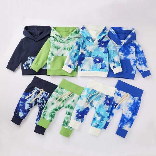 autumn winter sweatshirt sets for newborn baby girl boy tie dye long sleeve hooded high waist trousers outfit infant suit, White