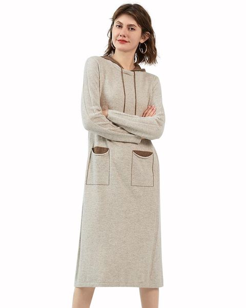 zhili women's 100% cashmere hooded collar pullover long sweater dress with pockets, White;black
zhili women's 100% cashmere hooded collar pullover long sweater dress with pockets, White;black