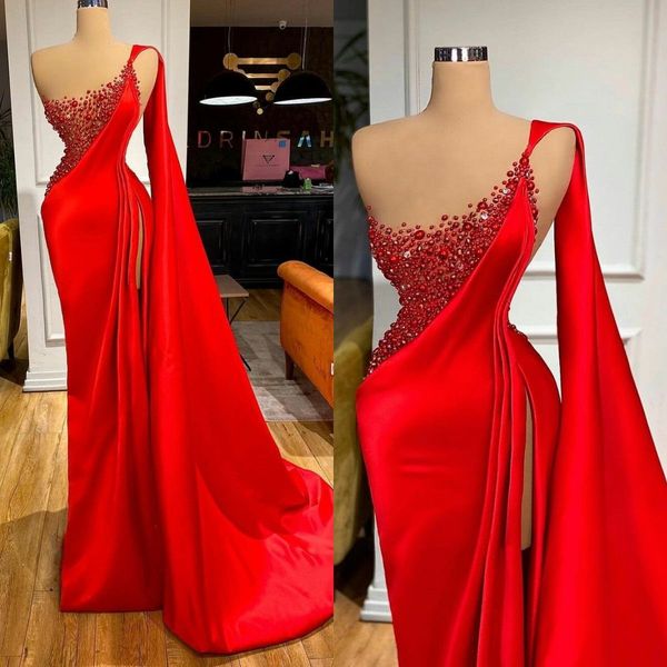 2021 red trumpet evening gown one shoulder satin pearls mermaid prom dress with high split formal robe de soirée, Black;red
2021 red trumpet evening gown one shoulder satin pearls mermaid prom dress with high split formal robe de soirée, Black;red