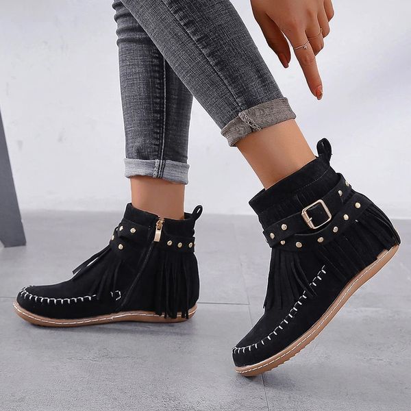 women ankle boots retro tassel shoes ladies rivet flats autumn casual zipper vintage boot female sewing woman plus size shoe #bx6t, Black
women ankle boots retro tassel shoes ladies rivet flats autumn casual zipper vintage boot female sewing woman plus size shoe #bx6t, Black