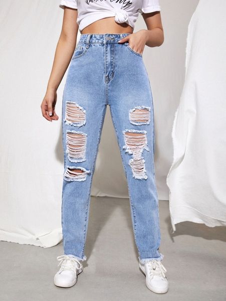 high waist ripped mom jeans y2ot#, Blue