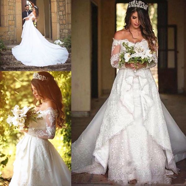 vintage full lace wedding dresses with overskirt long sleeve off the shoulder appliqued lace mermaid bridal gowns dubai vestido de noiva, White
vintage full lace wedding dresses with overskirt long sleeve off the shoulder appliqued lace mermaid bridal gowns dubai vestido de noiva, White