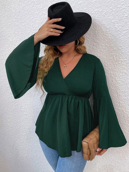 plus trumpet sleeve overlap collar peplum hem blouse m88j#, Black