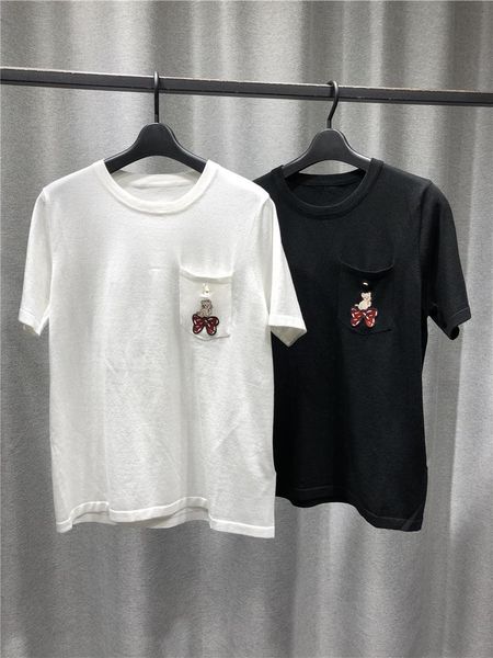 women sweater autumn style wool cotton short sleeve crew neck knit pullover chest pocket embroidered with animal motifs, White;black
women sweater autumn style wool cotton short sleeve crew neck knit pullover chest pocket embroidered with animal motifs, White;black