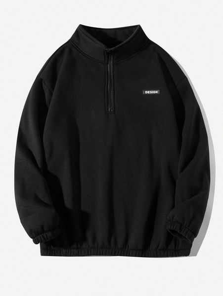 men letter patched detail half zip fleece thermal pullover t7zw#, Black