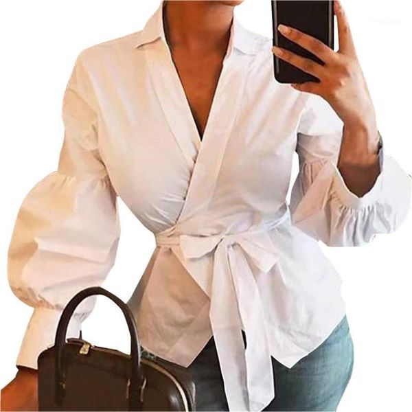 women and blouses 2020 autumn lantern sleeve tunic shirts casual loose v-neck female blusas belted work office, White
women and blouses 2020 autumn lantern sleeve tunic shirts casual loose v-neck female blusas belted work office, White