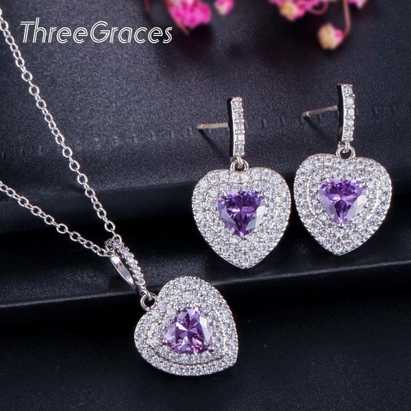 threegraces lovely heart shaped clear zirconia micro pave purple crystal fashion nacklace earrings jewelry set for women js205, Silver
threegraces lovely heart shaped clear zirconia micro pave purple crystal fashion nacklace earrings jewelry set for women js205, Silver