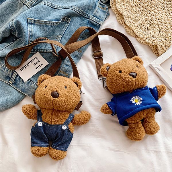 Cute New Style Dress Bear Backpack Stuffed Doll Cartoon Cute Mobile Phone Backpack Plush Bag Gifts Girl Kids Toy