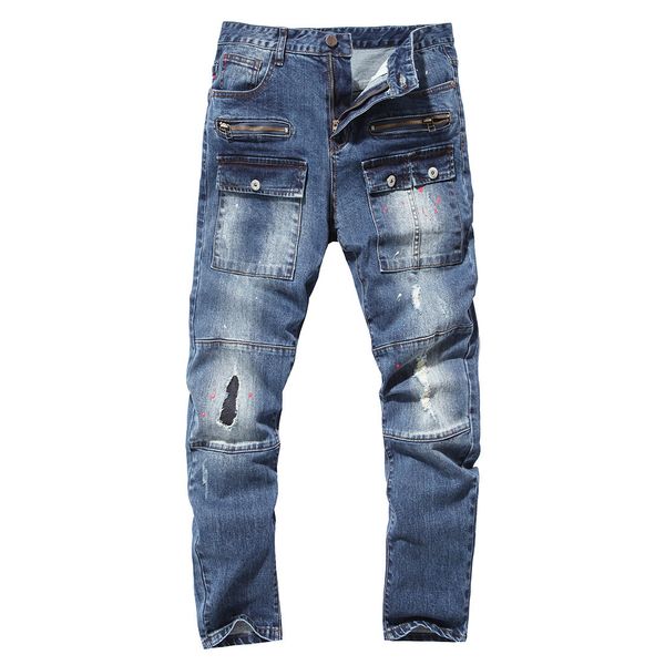 spring and autumn new simple men's fashion casual hole paint multi poet white jeans pants, Blue
spring and autumn new simple men's fashion casual hole paint multi poet white jeans pants, Blue