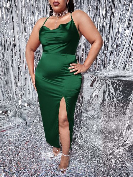 sxy plus draped collar slit thigh lace up backless satin cami dress i9nm#, Black
sxy plus draped collar slit thigh lace up backless satin cami dress i9nm#, Black