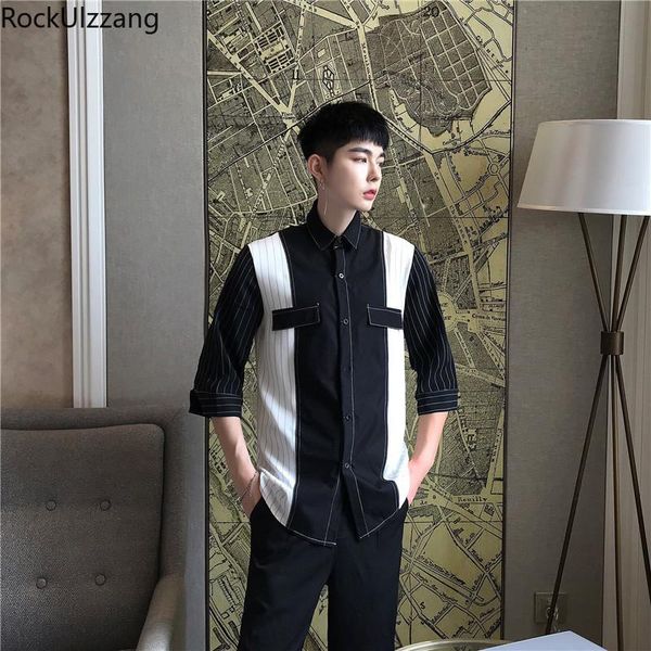 men's casual shirts plus size patchwork contrast block striped slim half sleeve shirt men blouse streetwear fashion business office sum, White;black
men's casual shirts plus size patchwork contrast block striped slim half sleeve shirt men blouse streetwear fashion business office sum, White;black