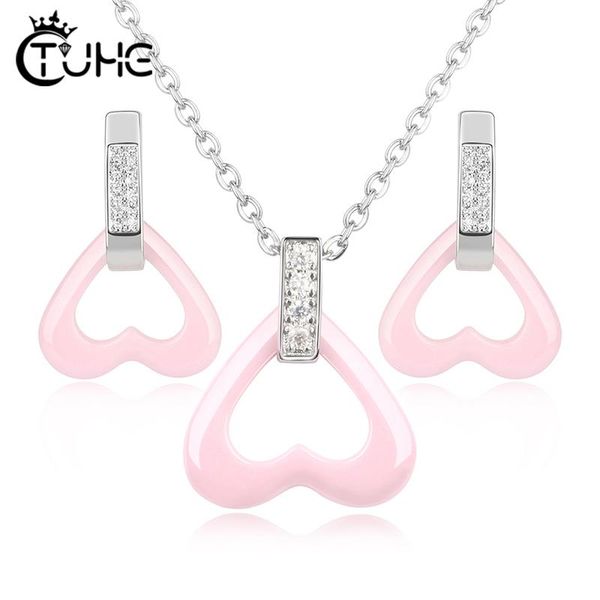 romantic pink heart bridal jewelry sets for women accessory cubic zircon crystal necklace stud earrings set ceramic jewelry gift, Silver 
romantic pink heart bridal jewelry sets for women accessory cubic zircon crystal necklace stud earrings set ceramic jewelry gift, Silver