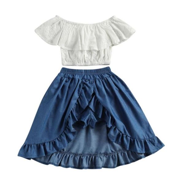 kids girls clothing set ruffle embroidery print shirt blue denim skirt two-piece suit children summer clothes, White
kids girls clothing set ruffle embroidery print shirt blue denim skirt two-piece suit children summer clothes, White