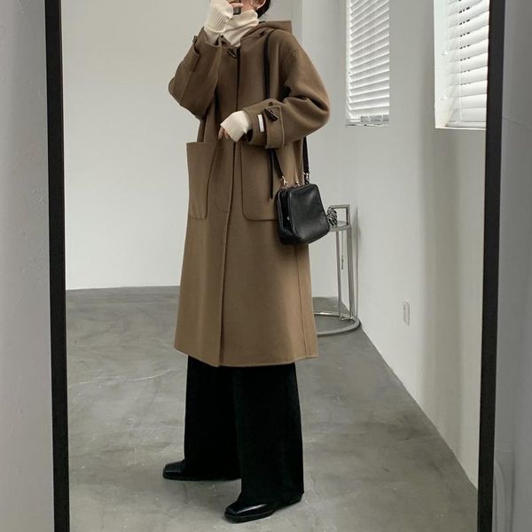 women's wool & blends vintage corduroy overcoat winter temperament hooded medium long double-sided nylon, Black
women's wool & blends vintage corduroy overcoat winter temperament hooded medium long double-sided nylon, Black