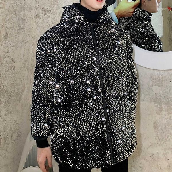 for 2020 winterjas heren hooded loose sequin parka men cotton padded jacket male streetwear stage performance coat1, Black 
for 2020 winterjas heren hooded loose sequin parka men cotton padded jacket male streetwear stage performance coat1, Black