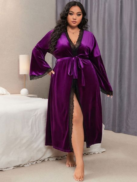 plus lace trim drop shoulder belted velvet robe without lingerie t9eq#, Black;white
plus lace trim drop shoulder belted velvet robe without lingerie t9eq#, Black;white