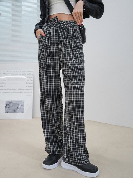 dazy plaid print plicated straight leg pants 22bv#, Black;white 
dazy plaid print plicated straight leg pants 22bv#, Black;white
