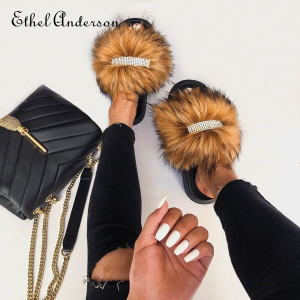 women's faux furry fur slides fur flip flops female slippers rhinestones decoration style footwear woman famous brand shoes x1020, Black
women's faux furry fur slides fur flip flops female slippers rhinestones decoration style footwear woman famous brand shoes x1020, Black